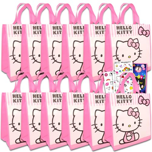 Hello Kitty Partygeschenkt ten Hello Kitty Partyzubeh r-Set enth lt 12 Hello Kitty wiederverwendbare Tragetaschen und 12 tempor re Tattoo-Bl tter plus Aufkleber und T rh nger | Hello Kitty