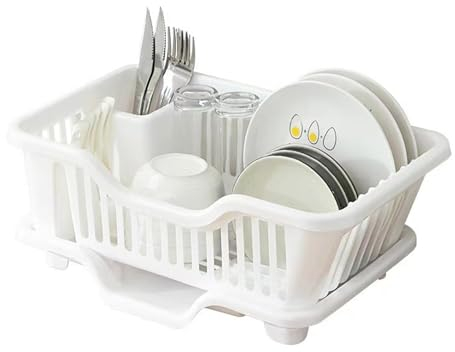 Qualiware Dish Drainer-Space-Saving Dish Drying Rack for Kitchen Counter, Durable PP Plastic Kitchen Drying Rack with a Cutlery Holder, Drip Tray, Drying Rack for Dishes, Knives and Forks (White)
