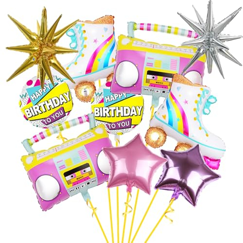 Rongxze 10 Stück Folienballon Disco, Disco Party Deko Luftballons, Regenbogen Rollschuh Luftballons Radio BoomBox Luftballon für Retro Thema Hip Hop Disco 80s 90s Geburtstag Party Dekoration