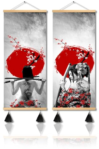 MBOUFOEY Leinwandbild, Motiv: Krieger und Kirschblüte, Motiv: antiker japanischer Krieger und Kirschblüte, gerahmt, 30,5 x 81,3 x 2 Stück, Rot / Grau
