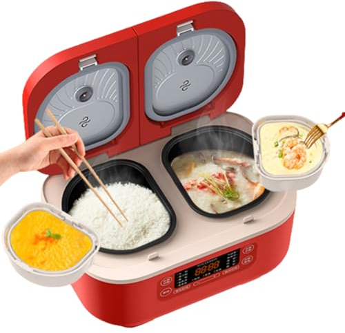 ANGDI Cuociriso Elettrico Professionale, cuociriso Multifunzione da 1,5 L + 1,5 L con Doppio Serbatoio Interno, Rivestimento Antiaderente e Pannello di Controllo a LED, appuntamento 12 Ore(Red)