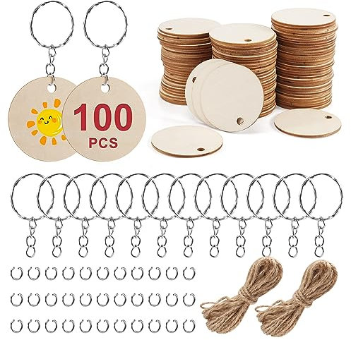 Lobamop Lot de 100 rondelles en bois brut de 5 cm avec trou rond de 5 cm et 100 anneaux porte-clés et 10 m de pour bricolage, artisanat, peinture, décoration suspendue