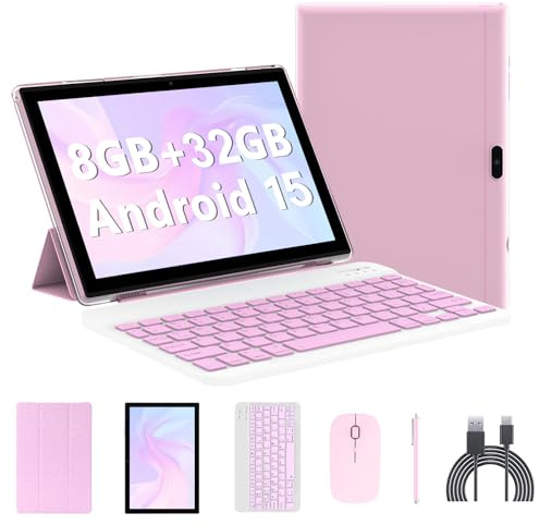 Tablette de 10 pouces avec clavier 2 en 1 Android 14 avec étui souris, stylet capacitif, batterie de 6 000 mAh, 8 Go + 64 Go/1024 Go, tablette extensible de 10,1, double caméra, tablette WiFi
