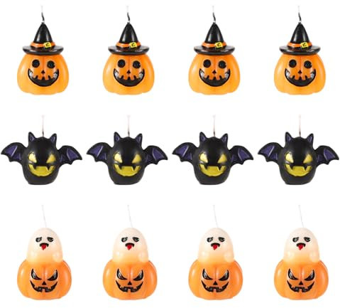 12 Stück Halloween Kerzen, Süß, Kürbis Kerzen Gruselig Geister Kerzen Fledermauskerzen Duftkerzen aus Wachs für Halloween Partygeschenk Zuhause Zimmer Tisch Dekor