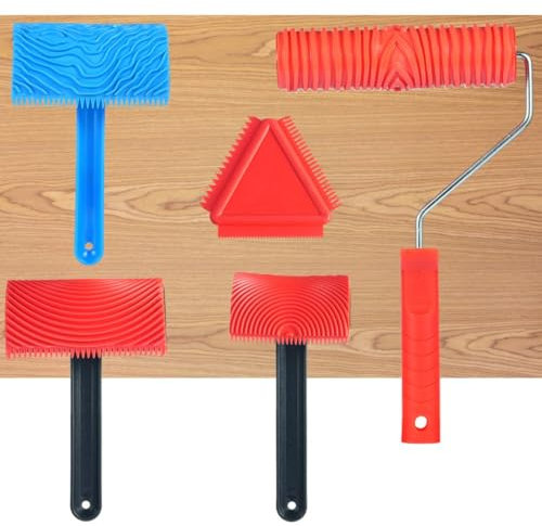 Juego de 5 rodillos de grano de madera, herramientas de textura de madera de goma para pintura de bricolaje, patrones de grano de madera de imitación para paredes, suelos, muebles