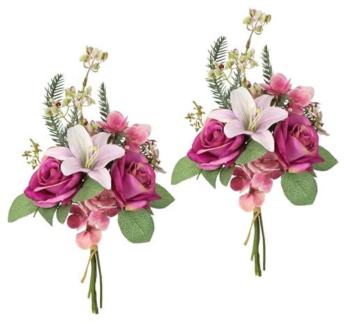 Kunstblumen-Strauß Rosen Lilien Hortensie 35cm 2er Set Blumensträuße Seidenblume Dekoblume Bouquet Hochzeit Blume Mittelstück Tischdeko unecht Grableger Grabschmuck Aufleger GrabdekoGrabblume, Rosa