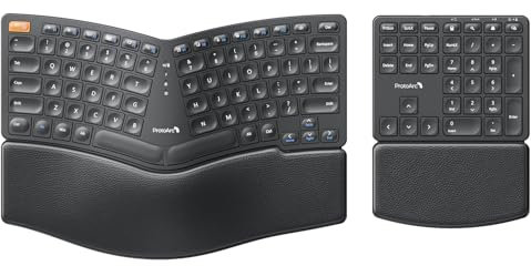 ProtoArc EK04 Teclado ergonómico inalámbrico, teclado Ergo inalámbrico de 2.4 GHz con teclado numérico separado, diseño dividido, reposamuñecas duro, recargable, para PC con Windows, laptop