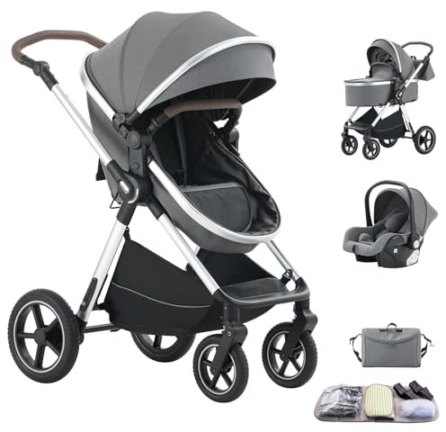 Shineey Kinderwagen 3 in 1,Kinderwagen Buggy Mit Babyschale,Mit Höhenverstellbarer Kinderwagen Komplettset Faltbare tragbare,KombiKinderwagen Mit Aluminiumrahmen für Neugeborene 0 bis 3 Jahre