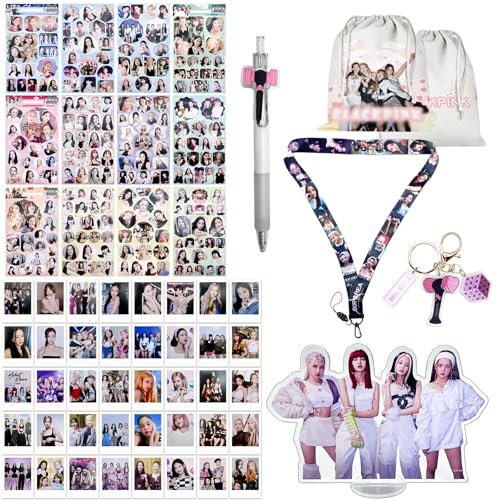Blackpink Fanartikel, Kpop Blackpink Geschenkset für Fans, Blackpink Merch Set, 12 Blatt Aufkleber, 1 Lanyard SchlüSselband, 1 Stift, 1 Kartenspiel, 1*Stehschild, 1*Zeichnungstasche