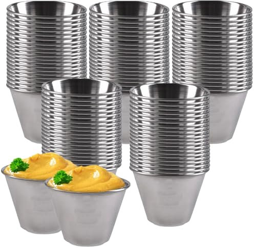 Kitchen Kemistry Big Sauce Cups- 2.5oz, Stainless Steel Ramekin Dipping Sauce Cup, Commercial Grade Individual Round Condiment cups, Pack of 100