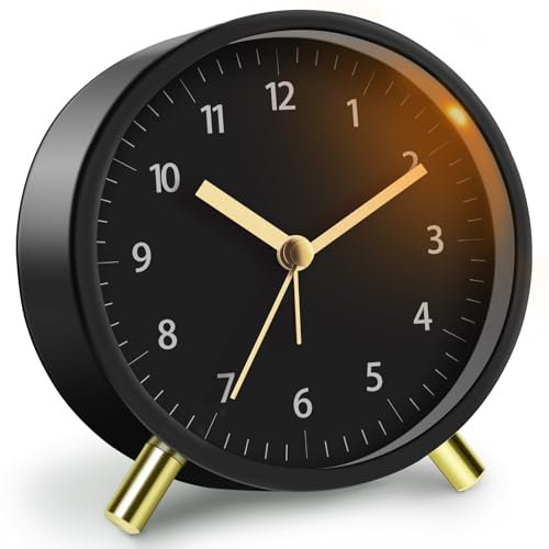 YSWOVUO Wecker Analog Ohne Ticken, Wecker mit Licht, Wecker Batteriebetrieben, Quarzwecker mit Goldenem Ständer, Reisewecker, Alarm Clock für Schlafzimmer, Erwachsene, Kinder, Einschulung Geschenk