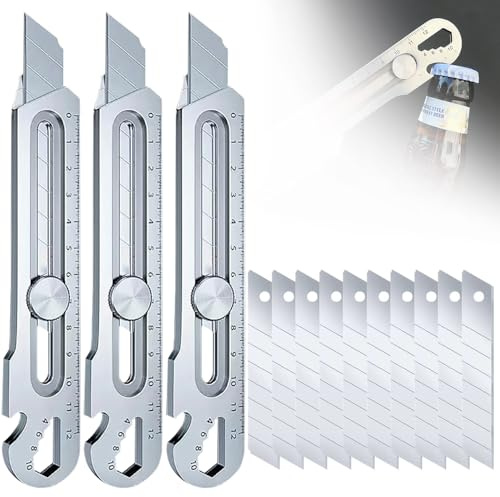 Profi Cuttermesser Set, Edelstahl Universalmesser mit Extra 10 Stück 18mm Abbrechklinge, Multifunktionales Mehrzweck Robuste Teppichmesser Druckguss Cutter Messer (Silber, 3 Pcs)