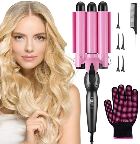 flintronic 25mm Hair Curler, 3 Barrels Curler Ceramic Curling Iron Wand Hair Wavers with Two Gear Temperature Control, Curling Tongs Crimping Bubble Styling Tool