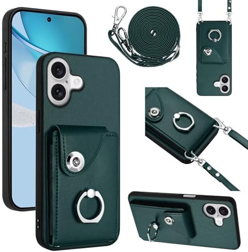 xinyunew Handyhülle für iPhone 17 Hülle mit Band Kartenfach Handykette Geldbörse,360 Grad Ringhalter Stand Kartenfach,Leder Klapphülle Handytasche für iPhone 17-Grün