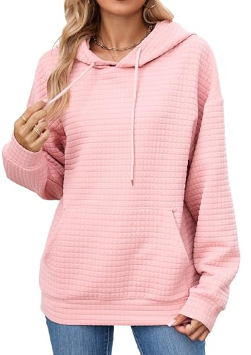 iChunhua Long Hoodies for Women UK Pink Waffle Textured Hooded Jumpers Ladies Tunic Tops Hooded Pink XL