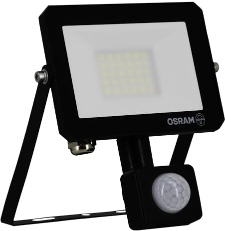OSRAM Proiettore LED LUX moderno 20W, 1800lm, 4000K, faretto per esterni, sensore, IP65, alluminio nero, vetro satinato
