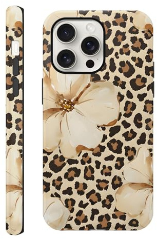 Krdvekm Handyhülle für iPhone 15 Pro hülle 6,1'', Aesthetic Leo Leopard Blume Khaki Frauen Mädchen Muster 2 in 1 Case Silikon Schutzhülle Leoprint Design Bumper Kratzfest Cover, 02