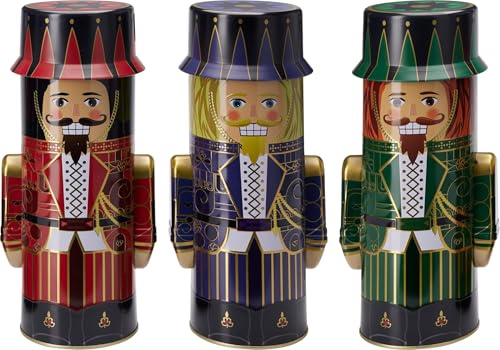 Set of 3 Nutcracker Design Metal Storage Tins - Christmas Festive Gift Canisters for Biscuits, Sweets & Treats - Decorative Holiday Kitchen Containers with Lids, Reusable & Collectible Tin Set