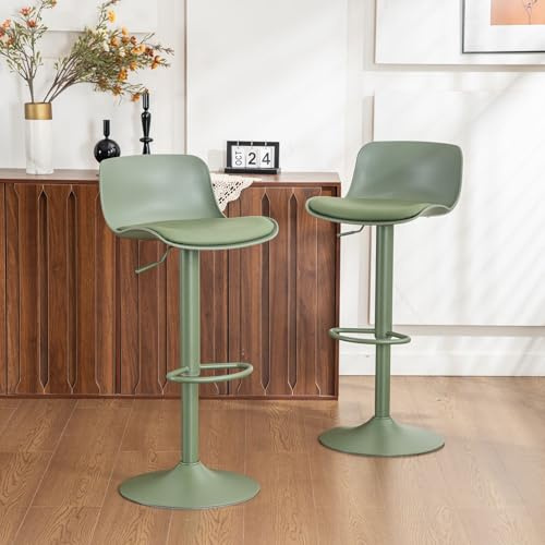 YOUNIKE Bar Stools Olive Set of 2 Modern PU Leather Counter Height Barstools, Sage Green Padded Adjustable Swivel High Chairs with Low Back for Breakfast Kitchen Counter Island