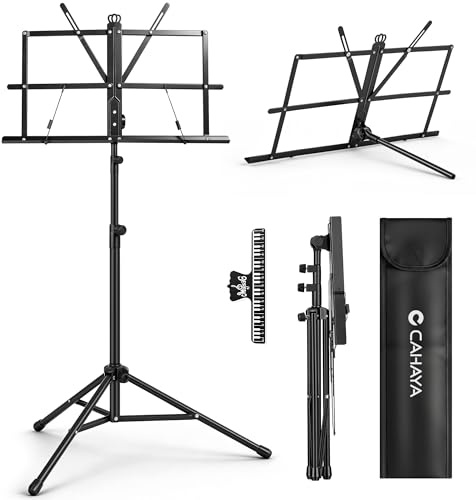 CAHAYA Sheet Music Stand Portable Dual Use Desktop/Floor Music Stand | Book Holder Weighing Only 650g, Carrying Bag, Page Clip, Lightweight, Band Rehearsals, Outdoor Performances
