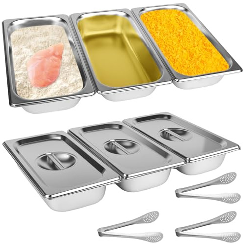 Set med 3 paneringsskålar, 32,5 x 17,5 x 6,5 cm, GN 1/3-behållare, rektangulär metallbehållare med lock i rostfritt stål för kotletter (levereras med 3 klämmor i rostfritt stål)