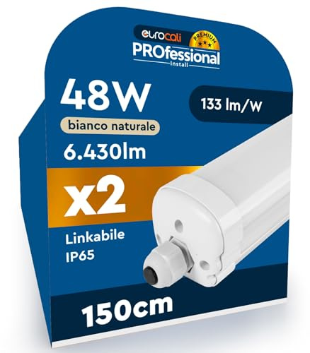 2 Plafoniere Impermeabili IP65 48W 150cm LED CREE 6430 Lumen Garanzia 6 Anni - Luce Bianca Naturale 4000K - Tubo Plafoniera Stagna Lineare da Soffitto Garage Magazzino Ufficio Alta Luminosità 133 lm/W