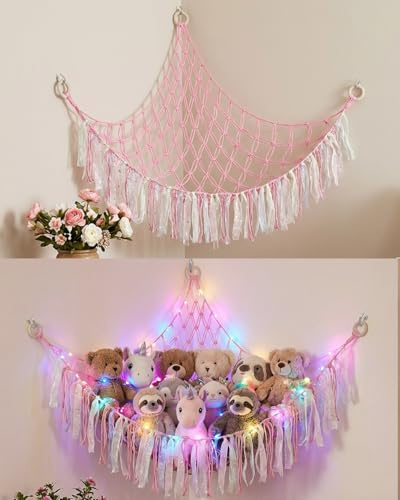 Stuffed Animal Toy Hammock Storage Net with LED Light | Toy Hammock for Stuffed Animals, Large Macrame Corner Storage Net with LED Lights