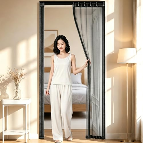 Magnetic Fly Screen Door with Slide Rails, Sliding Door Fly Screen Curtain No Drill, Retractable Fly Screens Nets for Doors, Self-Closing, Fiberglass Insect Mesh Door Net Curtain for Patio Balcony