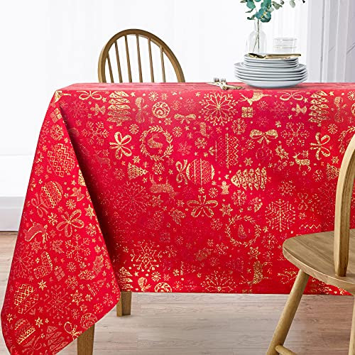 Viste tu hogar Mantel Navidad Hilo Dorado, Especial para Decoración Navideña y Cenas Familiares, etc, Diseño Moderno y Elegante, Fabricado en España, Rojo Navidad, 140x200cm