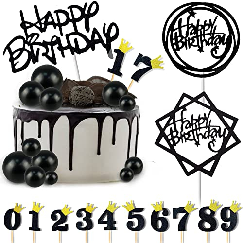 FATCAT 25 Stück Happy Birthday Tortendeko, Schwarzes Thema Tortendeko Geburtstag, Cake Toppers, Tortenaufleger für Geburtstagsfeiern Jeden Alters