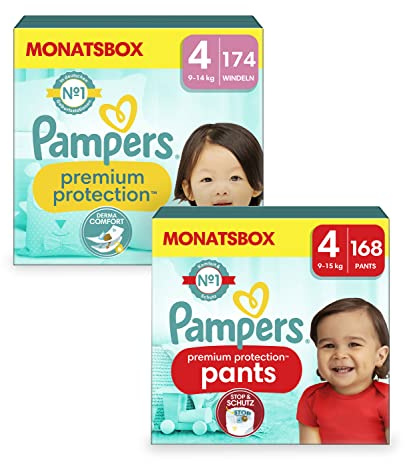 Pampers Premium Protection Baby Set mit Windeln Größe 4 (9-14kg, 174 Stück), und Windeln Pants Größe 4 (9-15kg, 168 Höschenwindeln) MONATSBOX, Baby Erstausstattung