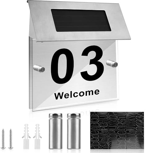 mizikuu Solar Número de Casa, Exterior Led Número Placa Personalizado IP65 4 LED Luz de Número de Casa Solar con 0-9 A-Z a-p