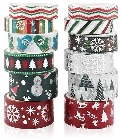 12 Rollen Weihnachten Washi Tape Set,Weihnachtsmuster Folie Dekoband Klebeband Bunt für Handwerk,Dekorative Klebeband zum Basteln,Masking Klebeband Bunt Abdeckband Tape Dekorieren Sie Ihr Scrapbook