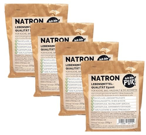 IchbinPUR – Natron, Extra feines Pulver für Küche Bad Haushalt und DIY-Kosmetik Lebensmittelqualität E500ii, Backpulver Natriumhydrogencarbonat Ohne Zusatzstoffe PLASTIKFREI (200 g (4er Pack))