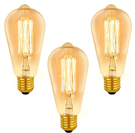 ST64 Vintage Light Bulbs E27 Edison Light Bulbs, Amber Warm White 2700K Dimmable, AC 220-240V, 400LM, ES Edison Screw Cap, Squirrel Cage Shaped Retro Filament Bulb, 3 Pack