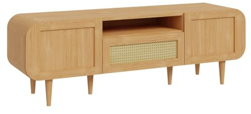 Meuble TV L. 160 cm Angles Arrondis 1 Tiroir et 2 Portes Décor Chêne avec Cannage en Rotin et Pieds en Bois Massif - Style Scandinave et Vintage - Vivian