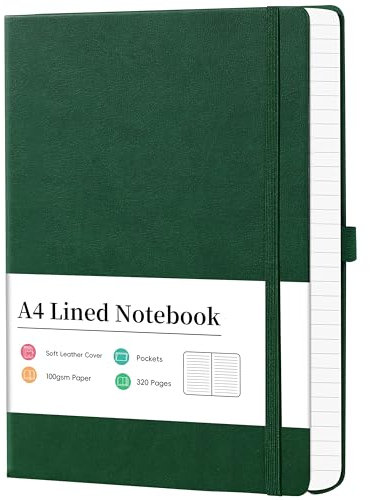 Artfan Taccuino A4 a righe, formato A4, 320 pagine, carta di prima qualità, scrittura classica, formato A4, 21,5 x 27,9 cm, copertina rigida, nero, verde