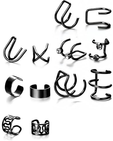 ZAMXHUG 12 Pcs Ohrringe ohne ohrloch,Ear Cuff Set Damen Ohrmanschette Ohrringe Earcuffs Set Helix Knorpel Ohrmanschette Ohne Ohrloch Wickelohrring Fakepircings Ohr Cuffs Ohrklemme(Schwarz