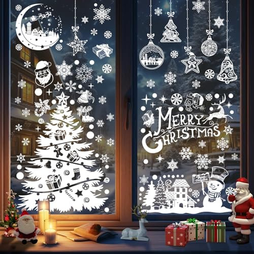 Christmas Window Stickers, 10 Sheets Reusable Window Clings-Double PVC Snowflake and Santa Static White Xmas Stickers for Christmas Decorations (220 Pcs)
