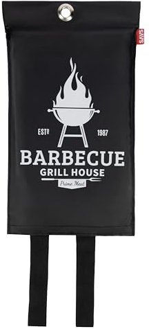 SAVS Löschdecke Küche Wohnung Büro Auto Wohnwagen - 100x100 cm - Glasfaser Brandschutzdecke zum Aufhängen - Brandschutz Decke Feuerdecke Feuerlöschdecke - Mit Barbecue-Haus-Aufdruck