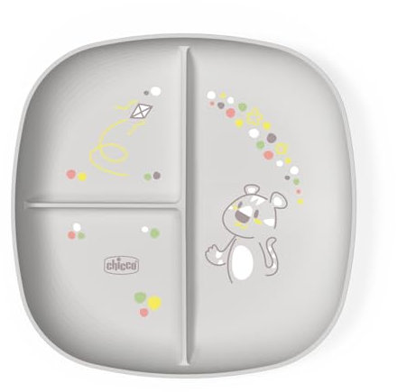 Chicco Assiette à Nourriture pour Bébé et Enfant, Assiette à Nourriture avec 3 Compartiments pour Découvrir de Nouvelles Saveurs, Lavable au Lave-Vaisselle, Microondes, Sans BPA, 12+ Mois, Gris