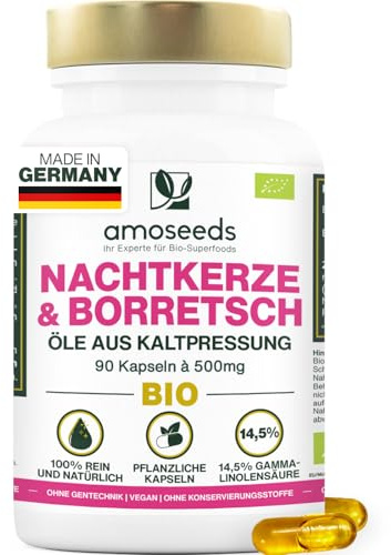 Nachtkerze & Borretschöl BIO | Kaltgepresst | 14,5% Gamma-Linolensäure | 90 pflanzliche Kapseln, vegan | Spitzenqualität