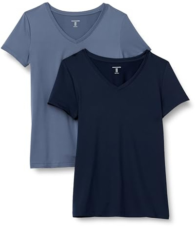 Amazon Essentials Damen Active Quick Dry Tech Stretch Kurzarm-T-Shirt mit V-Ausschnitt (in Übergröße erhältlich), 2er-Pack, Marineblau/Schiefergrau, M