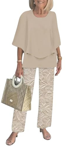 shownicer Completo Donna Estiva 2 Pezzi Manica a 3/4 Camicia + Pantaloni Set Casual Elegante Tuta Outfit A Albicocca M