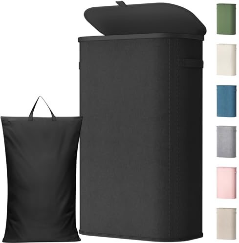 Lifewit 65L schmaler Wäschekorb mit Deckel, Schwarz | Schlanke faltbare Wäschebox mit herausnehmbarem Wäschesack und Tragegriffen für kleine Bäder, Schlafzimmer und Waschküche