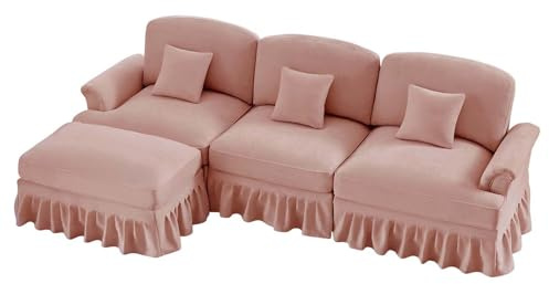 UIHECTA Modulare Eckcouch mit Beweglichem Hocker, Moderne Cloud Couch mit Abnehmbarem Rock & Holzbeinen, für Wohnzimmer, Schlafzimmer, Büro und Wohnung,Rosa,3Seat+1Ottoman