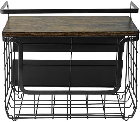 HUOLE Stahlkorb, Obstkorb Hängend, Obstkorb Wand für Küche, mit Holzdeckel Aufhänger Haken, lIdeen für Obst, Gemüse,30,5 x 16 x 26 cm Schwarz