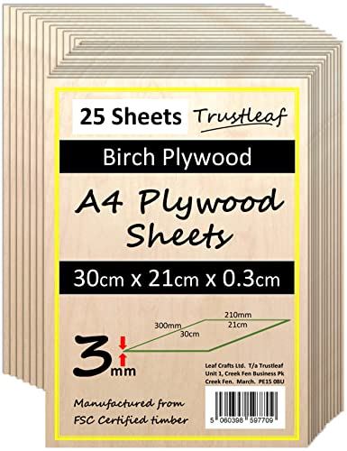Trustleaf Madera contrachapada de abedul de 3 mm A4-300 x 210 x 3 mm – (paquete de 25) capas de pegamento E1 de bajo humo