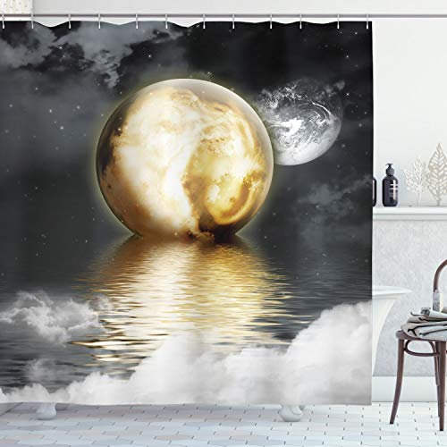 ABAKUHAUS Mond Duschvorhang, Wolken und Graustufen-Welt, Stoffliches Gewebe Badezimmerdekorationsset mit Haken, 175 x 220 cm, Grau Pale Gelb Weiß