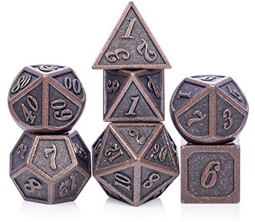D&D - Set di dadi in metallo con 7 dadi in rame antico con scatola in metallo per giochi da tavolo DND Dungeons and Dragons gioco di ruolo